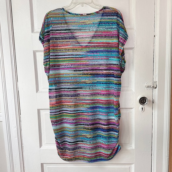 Anne Cole V-Neck Mesh Tunic Swimsuit Coverup Colorful Stripes Ruched Sides NWT - Picture 4 of 14